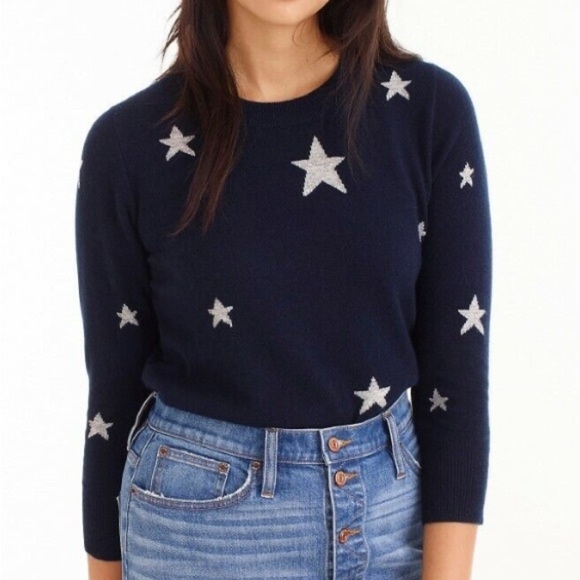 J.crew Womens navy everyday cashmere Crewneck sweater intarsia knit stars S - Picture 1 of 7